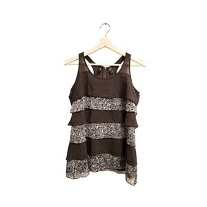 Kylie Tiered Ruffle Tank Top Womens Small Black Grey Floral Racerback PM5273